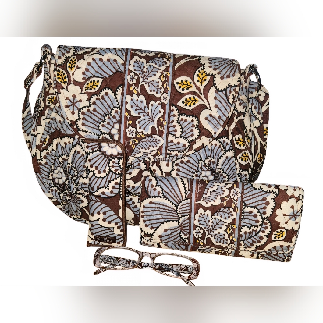 Vera Bradley Messenger Bag Slate Blooms W/ Matching Wallet & Eyeglasses W/ Case